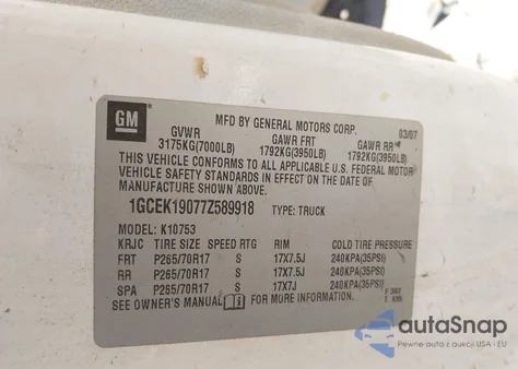 2007 Chevrolet Silverado 1500 Work Truck z USA, uszkodzony, nr VIN 1GCEK19077Z589918